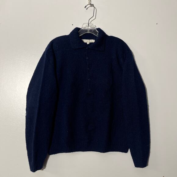 Vintage 80s Perry Ellis Hand Knit 100% Wool Navy Blue Collared Sweater‎ Womans M - Picture 1 of 8